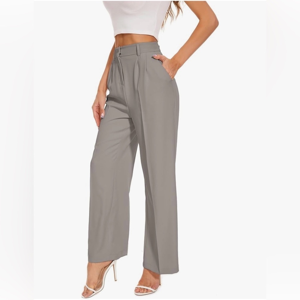 Decivi Women's High Waisted Elastic Back Wide Leg Pleated Work Pants, Gray, Med‌